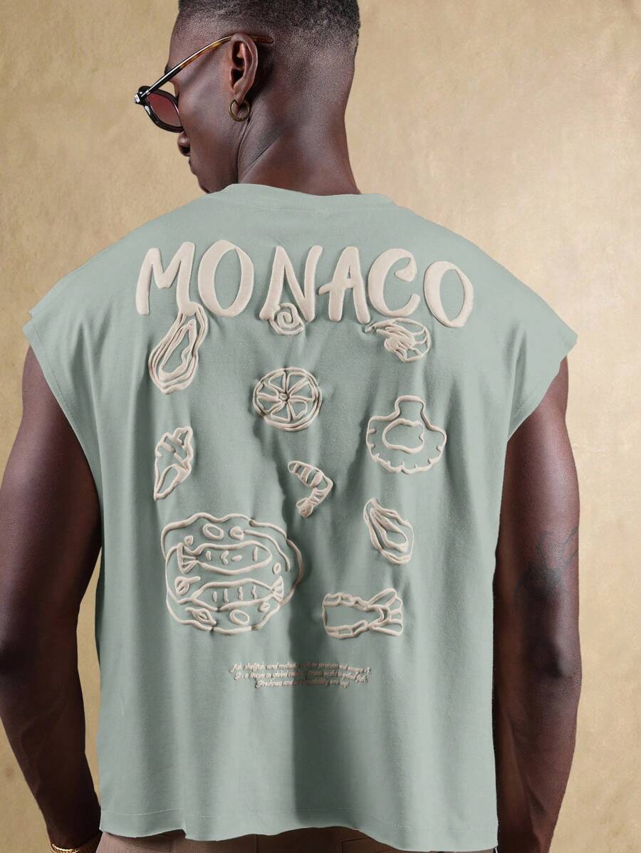 SUMWON 摩纳哥夏季背心无袖肌肉衬衫，带食物印花，宽松休闲街头服饰，节日海滩度假短款背心 - 灰色 - 查看 1