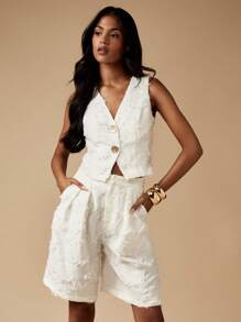 MISSGUIDED Raw Edge Woven Two Piece Set Buttoned Vest And Bermuda Shorts Summer Festival Vacation Resort Wear Co Ord With Frayed Detail - White - View 6
