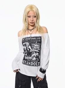StreetHx Women Punk Rock Style Graphic Print Long Sleeve T-Shirt Fall Cloth For Women - White - View 4