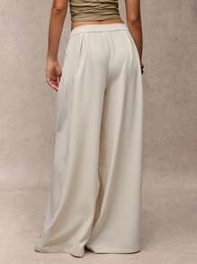 SHEIN BAE Quần ống rộng xếp ly cạp cao màu trơn cho nữ thường ngày - Màu be - Xem 2