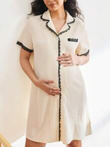 Moonlight&Mama Color-Blocked Lace Trim Lapel Maternity Sleep Dress, Button Front Pajama Dress - Apricot - View 4
