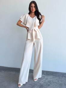 Firerie Women's Elegant Minimalist Delicate Romantic V-Neck Ruffle Belted Waist A-Line Hem Shirt Blouse & High Waist Long Pants Apricot 2 Pieces Suit Set, Suitable For Daily, Commute, Vacation - Apricot - View 2