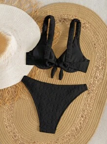 Swim Mod 女士纯色纹理针织可调节衬垫比基尼套装，性感时尚两件套泳衣 - 黑色 - 查看 4