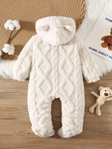 SHEIN 男婴可爱小熊图案保暖连体衣，适合秋冬季节穿着