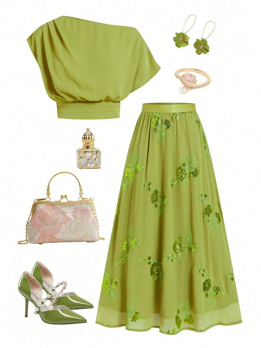 Ellevyn Bộ 2 áo sơ mi tay ngắn cổ tròn in hoa và chân váy lưới thêu cạp chun cho nữ, phong cách nghỉ dưỡng thanh lịch - màu xanh lá - Xem 1