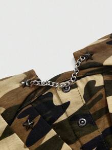 ROMWE Grunge Punk Y2K 复古朋克铆钉迷彩链条星星和英文印花挂脖女式背心 - 卡其色 - 查看 3