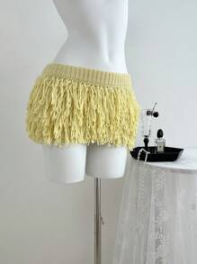 SHEIN Unity 女式时尚流苏针织A字裙黄色 - 黃色 - 查看 3