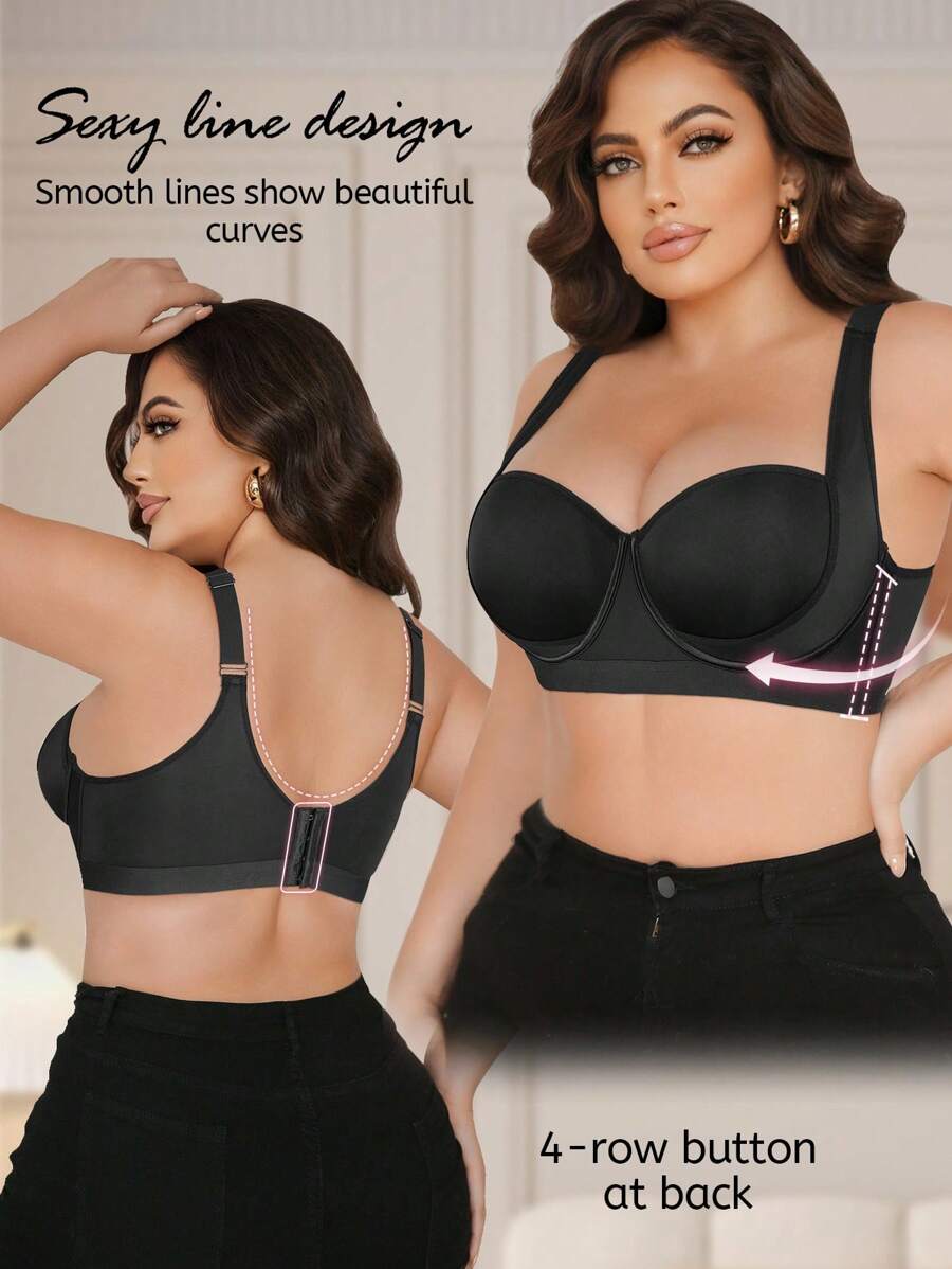 SHEIN 1 Áo ngực không gọng cỡ lớn thoải mái có đệm vai rộng cho nữ - màu đen - Xem 1