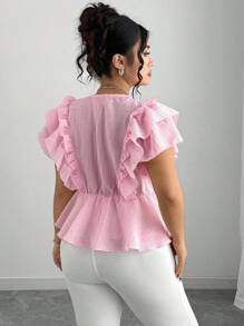 Elenzga Plus Size Elegant Pleated V-Neck Textured Blouse - Pink - View 2