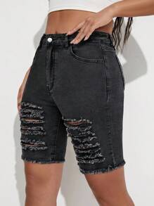 SHEIN ICON Shorts di jeans casual skinny con tasche e effetto logoro da donna - Grigio - Visualizzare 6