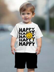 SHEIN Leap Crew Baby Boy Casual Letter Smile Face Print Short Sleeve T-Shirt And Shorts Set, Suitable For Spring And Summer - Multicolor - View 2