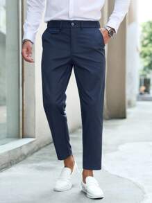 Manfinity Mode Pantalones casuales rectos y holgados de color liso para hombres con bolsillos - Azul Marino - Ver 5