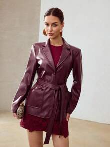 MOTF PREMIUM ÁO BLAZER CỔ VAI BẰNG DA PU CÓ TÚI CÓ THẮT LƯNG - Màu Đỏ Sâu - Xem 6