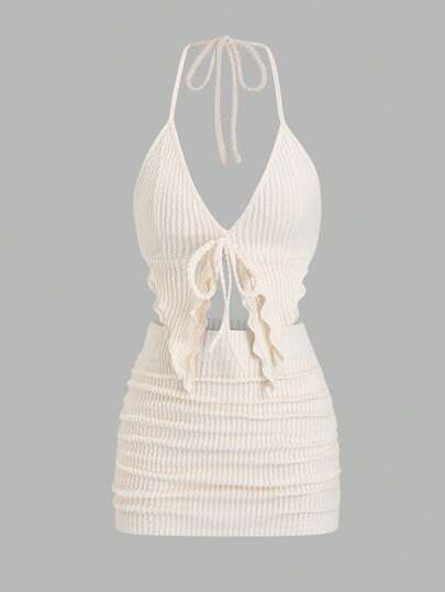 EgrlEra 2 Stücke/Set Damen aprikotfarbenes gestreiftes strukturiertes Blasenfalten Twist Trägertop mit offenem Rücken und Bindung sowie figurbetonte Minirock mit hoher Taille, sexy Urlaubs-Strandmode, elegante Freizeitkleidung für den Sommer