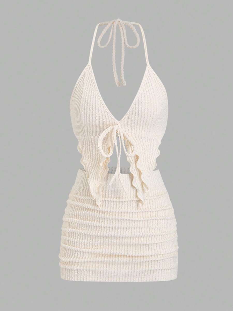 Sweetra 2pcs/Set Women's Off-White Striped Bubble Pleat Twist Halter Neck Backless Tie Up Top And High Waist Tight Short Skirt,Summer Casual Holiday Vacation - Apricot - View 1