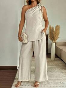 SHEIN Clasi 2pcs Plus Size Women Peach Summer Casual Elegant Tropical Tea Party Holiday Linen-Like Loose Shoulder Top With Floral Decor & Wide Leg Pants Set - Apricot - View 5