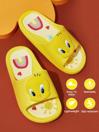 LOONEY TUNES X SHEIN Cute Cartoon Pattern Yellow Children's Slippers, Suitable For Young Children And Children, Quick-Drying, Light And Durable, Unisex, Suitable For Indoor And Outdoor Wear At Home, Bathrooms, Playgrounds, Swimming Pools, Beaches, Etc.