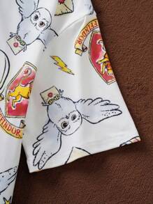 HARRY POTTER X SHEIN Camiseta de manga corta blanca informal y versátil con estampado de búho para niñas preadolescentes en verano