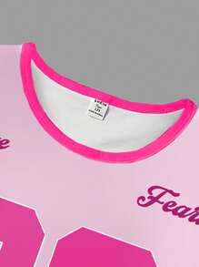 SHEIN Sparklyn 2pc Girls Tweens Bird Print Color Block Round Neck Loose Tee Shirt And Knit Skinny Shorts Sporty Set, Summer Street Stylish Outfit - White - View 6