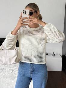 SHEIN Frenchy 女士宽松镂空圆领长袖休闲毛衣 - 杏色 - 查看 8