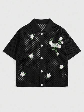 Street Life Chemise ample à tricoter avec broderie florale pour homme, top court à manches courtes en tricot