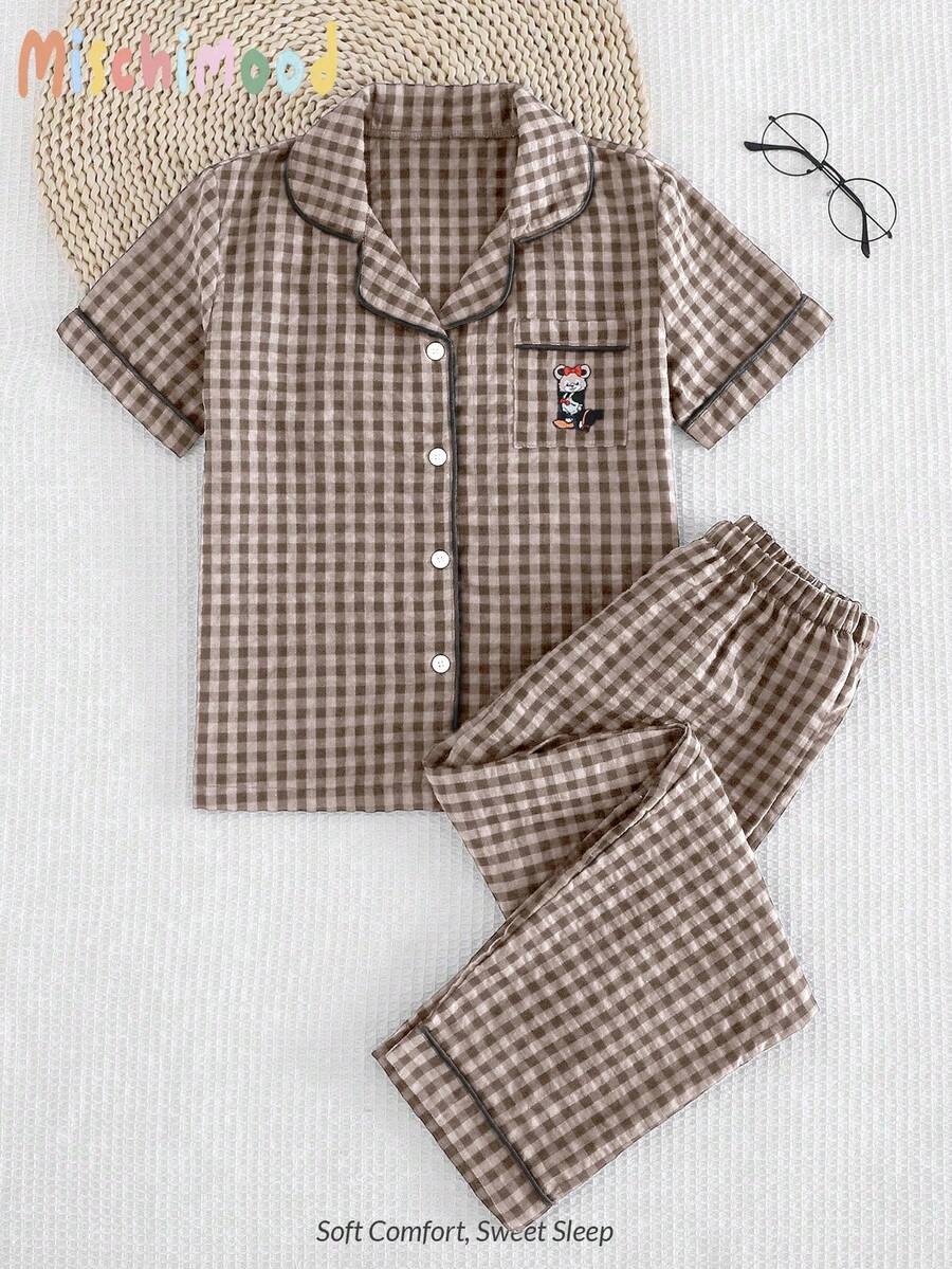 2 Stücke/Set Schlafanzug-Set für junge Frauen bestehend aus hochwertigem gewebtem navy-blauem Stoff mit vorne offener Bluse mit gestickter Cartoon-Grafik und Hose - Braun - Übersicht 1