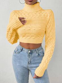 Chiquease Women High Neck Long Sleeve Crop Sweater With Cable Cable Pattern Knit Pullover Fall Winter - Butter Yellow - View 5