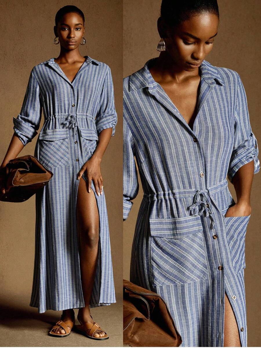 Écloséra Casual Temperament Elegant Fashionable Simple Commuting Daily Versatile Stylelapel Long-Sleeved Cardigan Large Pockets Loose Waist Drawstring Non-Elastic Yarn-Dyed Blue Stripes Ladies' Four Seasons Dress Vintage Vintage Clothes Women Vacation Dress Fall Cloth For Women