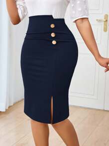 Lunelith SHEIN Lunessa Women's Commuter Minimalist Asymmetrical High Collar Button Decor Ruffle Slim Fit Pencil Skirt Office Skirt - Navy Blue - View 3