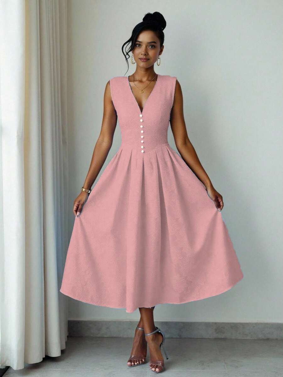 SHEIN Unity Women's Sleeveless Waist Button-Down V-Neck A-Line Cut-Out Dress - Pink - View 1