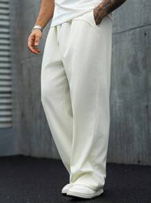 Manfinity Homme Men's Drawstring Waist Wide Leg Sweatpants Wide Leg Sweatpants Wide Leg Sweatpants Waffle Men's Wide Leg Jogging Pants Loose Pants Y2kblack Loose Pants - Beige - View 3