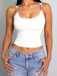 SHEIN SXY Women's White Casual Elegant Pearl Decor Square Neck Tank Top, Vacation Style White Tank Top Women Top