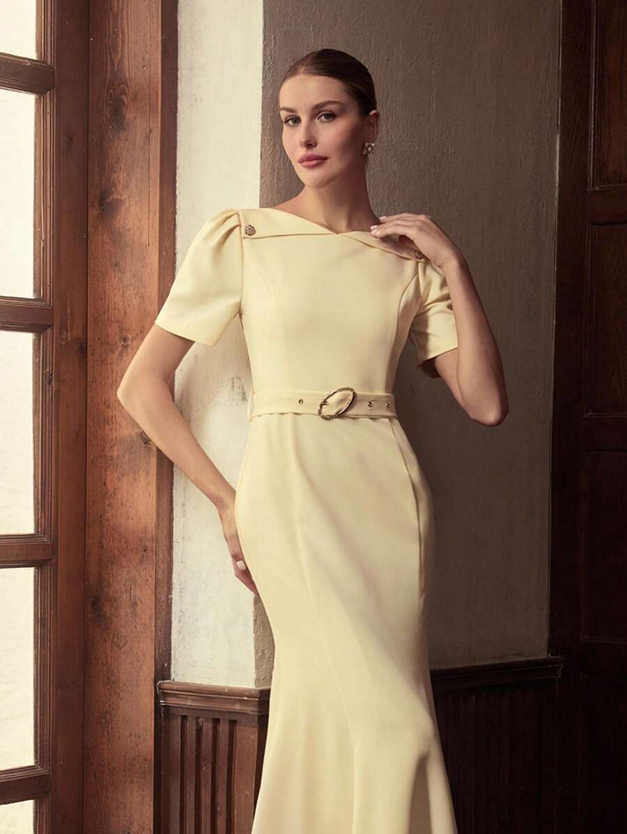 ZEYLAH Sukienka damska w jednolitym kolorze z krótkim bufiastym rękawem i eleganckim wykończeniem w kształcie ryby - Żółty - Zobacz 1