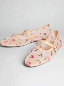SHUZIA Elegant Women's Nude Embroidered Mesh Mary Jane Flats Vintage-Inspired Multi Floral Ballet Shoes With Strap - Multicolor - View 4
