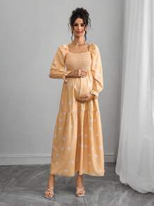 SHEIN 休闲长袖孕妇雏菊印花A字连衣裙 - 黃色 - 查看 3