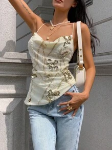 Serisse 返校必备单品！Y2K 杏色亮片拼接垂坠性感夏季吊带背心 - 约会、下午茶、日常、通勤、郊游的完美之选！2025 新品，夏秋两季理想之选，网红之选