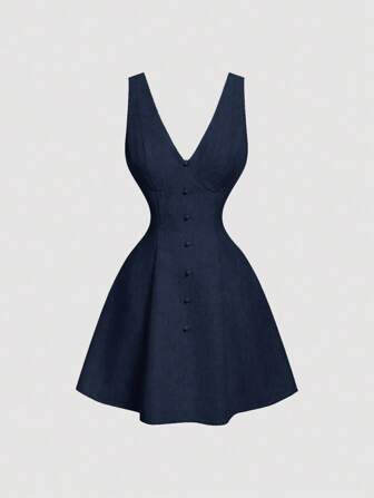 SHEIN MOD Women Linen Color Sleeveless Waist Cinched Dress