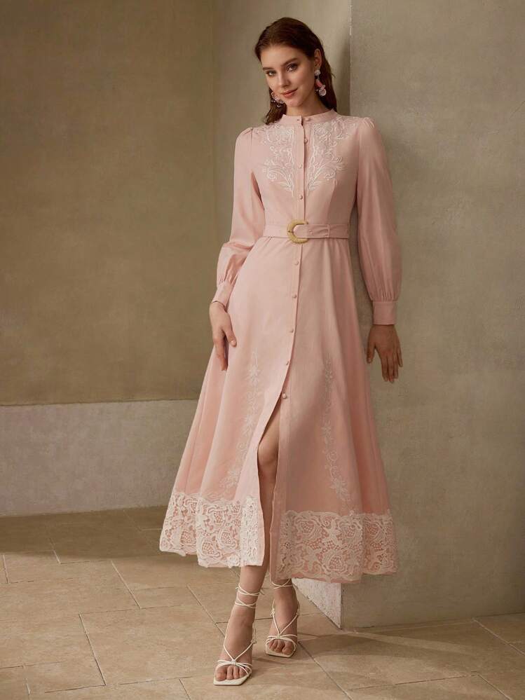 MOTF PREMIUM EMBROIDERY BUTTON UP DRESS - Pink - View 2