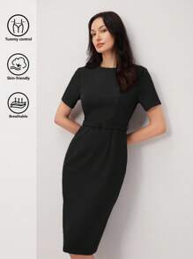 BizChic 2025 女士黑色短袖中长连衣裙，浪漫优雅，百搭，商务休闲，办公室穿着，适合日常通勤，优雅复古风格