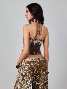 ROMWE Hippie Women's Sexy Fashionable Cow Pattern Keyhole Tie Front Halter Neck Top