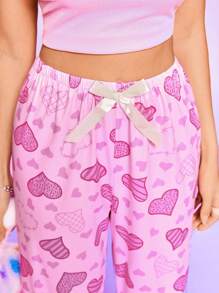 SHEIN Women's Heart Print Bow Decor Lounge Pants Sleepwear Nightwear, Fall - Pink - View 7