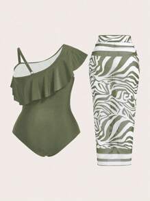 Swim Oasis 2pcs Plus Size Women Ruffled Collar Random Print One-Piece Swimsuit With Matching Skirt Coverup - Olive Green - View 2
