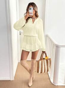 SHEIN Frenchy 女士度假休闲纯色灯笼袖连体衣 - 杏色 - 查看 6