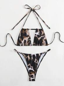 SHEIN Swim 2 Pieces Summer Random Print Halter Micro Bikini With Shoulder Strap Backless Top & Thong Bottoms Sexy Swimsuit Set