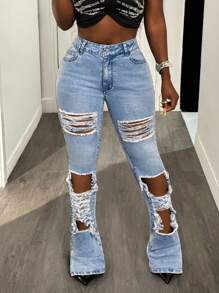 BamGleam Jeans ajustados y rasgados sexy para mujer para salir y fiestas - Azul - Ver 4