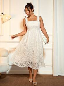 Cravure Square Neck Ruffle Hem Hollow Out Lace Summer Dress - Apricot - View 3