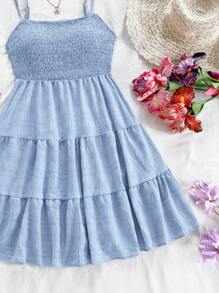 Soleia WYWH Vacation Spring Break Blue Solid Ruffle Hem Cami Dress,,Pastel Dresses For Women