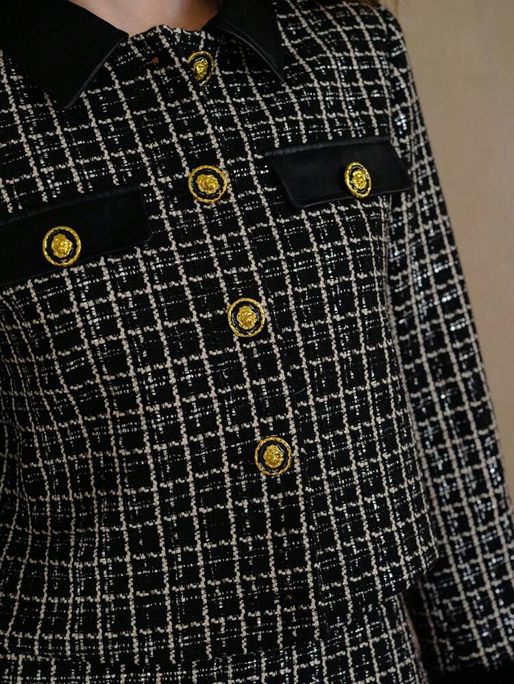 PLAID PRINT FLAP DETAIL FAUX FUR CUFF CROP JACKET