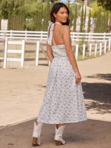 WESTFADE Đầm midi chữ A in họa tiết hoa nhỏ xinh xắn, cổ yếm, thắt nơ, lưng nhún, dáng suông, dễ thương, mùa hè, kỳ nghỉ bãi biển, buổi hòa nhạc đồng quê miền Tây ở Nashville - Nhiều màu - Xem 2