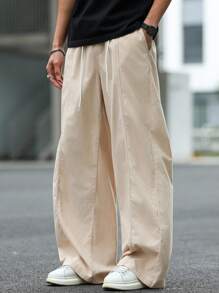 Manfinity Roghcode Men's Apricot Relaxed Elastic Waist Loose Wide Leg Pants Men Baggy Wide Pants Men Loose Straight Leg Casual Pants - Apricot - View 4